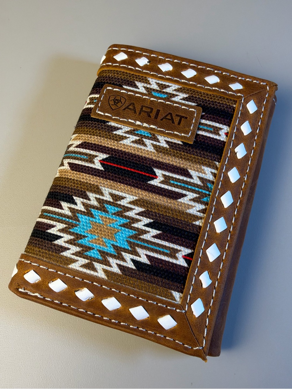 Ariat Brown Leather Southwestern Trifold Wallet with Turquoise Accent A3559202